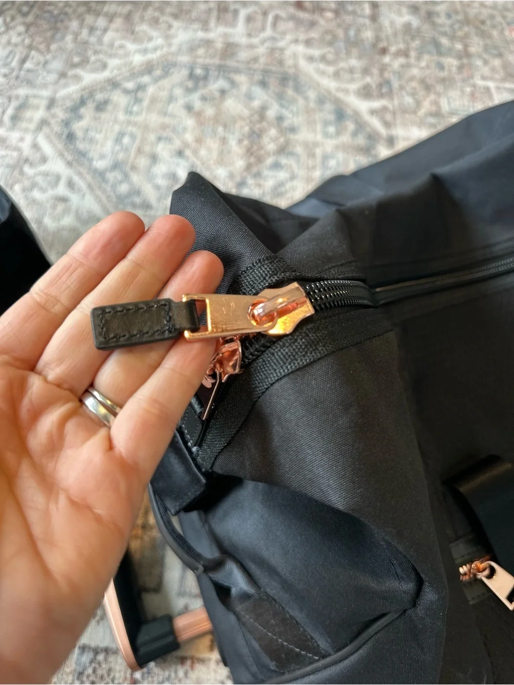 Storksak London Rolling Diaper Bag | Complete Set | Black & Rose Gold